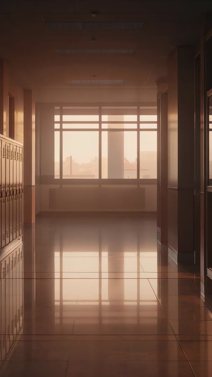 Shifting sunlight bathing empty school hall, reflecting window panes on shiny floor, marking time
