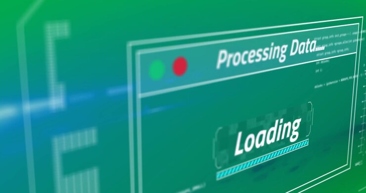 Animation of text processing data and loading, with time bar on computer interface