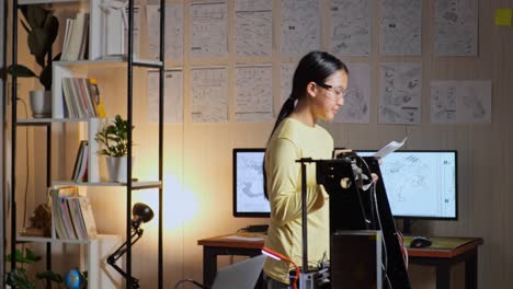 teen asian girl looking at the picture in hand, thinking, and walking around while working about a cyborg hand at home