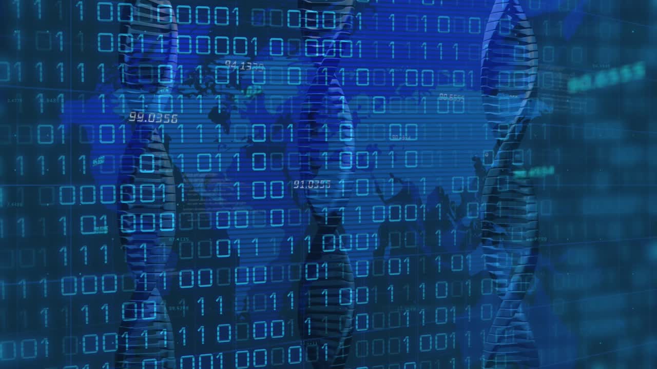 animación de procesamiento de datos binarios sobre el mapa del mundo y cadenas de adn en fondo oscuro