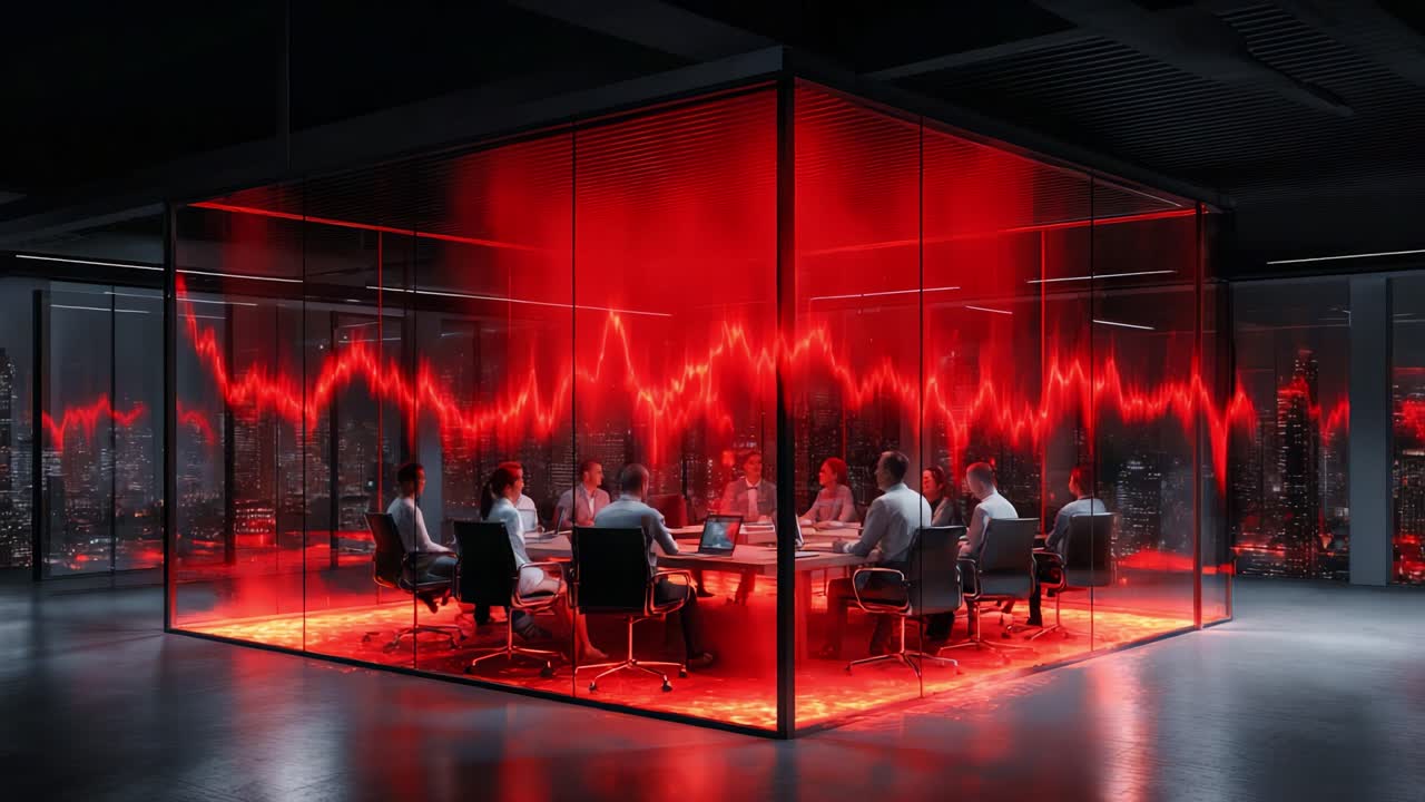 A Tech-Driven Strategy Meeting: An Engaging Visualization of Data and Analytics with Team Members Collaborating in a Modern Glass Conference Room Environment with Red Wave Patterns