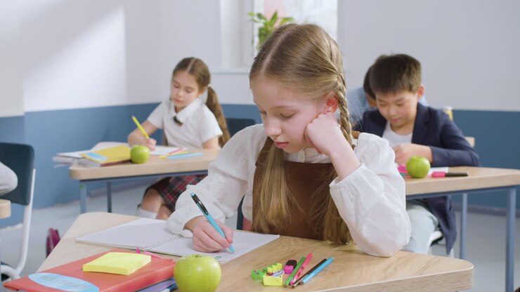 Nærbillede af en kvindelig studerende, der sidder ved en pult i et engelsk klasseværelse og skriver i sin notesbog.