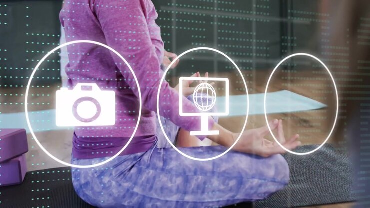Woman in purple top meditating on mat, UI icons sweeping across frame revealing hands, app features