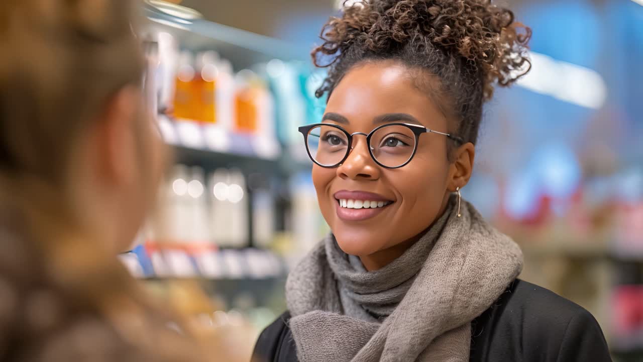 A smiling woman with glasses and a scarf in a store