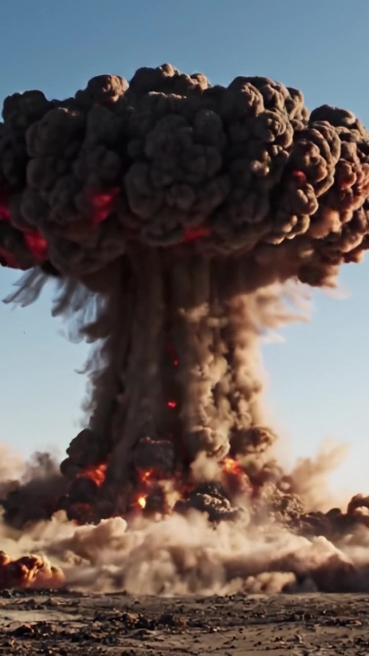 Eine dramatische Verwandlung von Ruhe zu Chaos: Der Ausbruch einer unheimlichen Explosion, die dunklen Rauch und Trümmer in starkem Kontrast zum Himmel herabregnen lässt