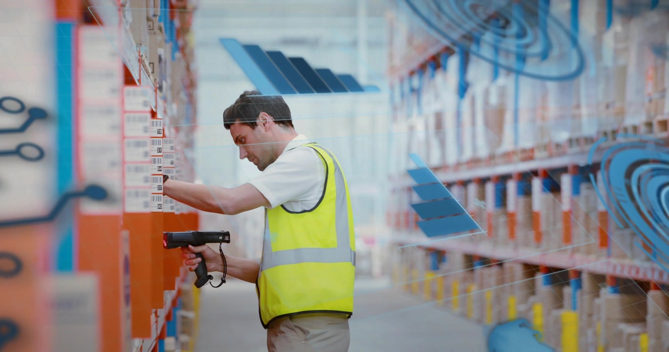 Warehouse worker scanning shelf label and activating supply chain data overlays updating inventory