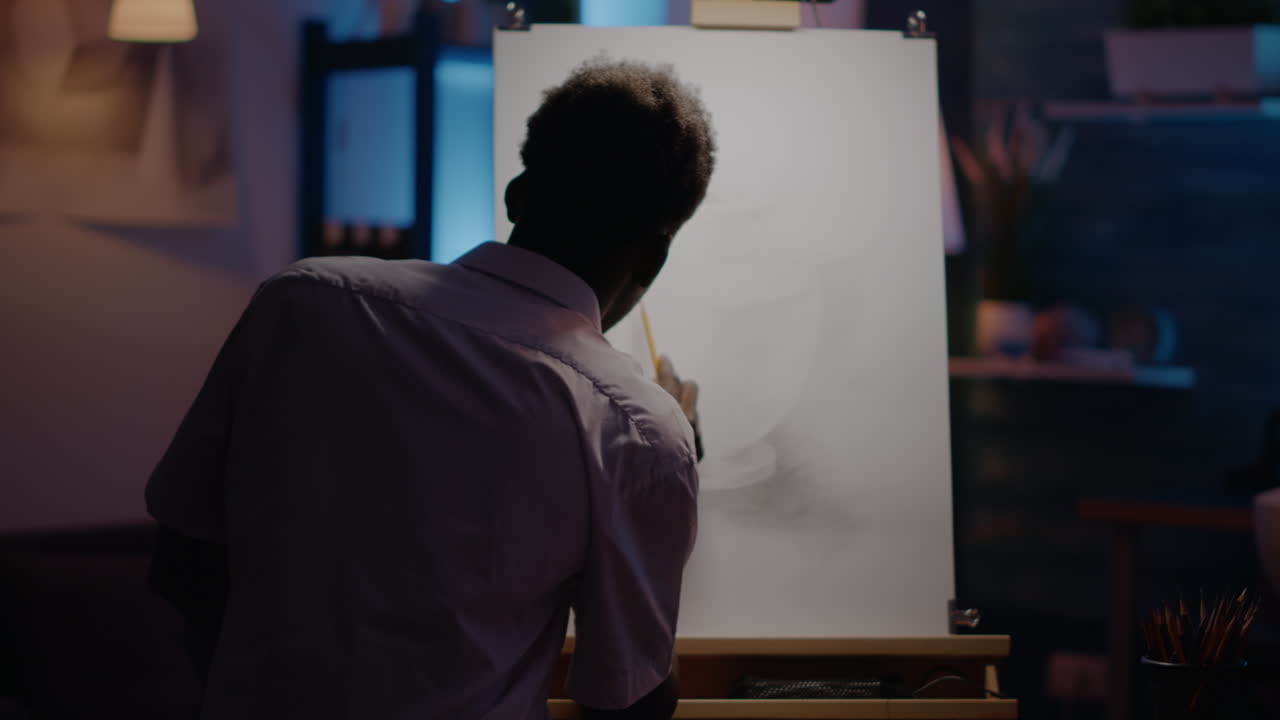 African american artist drawing vase on canvas with pencil
