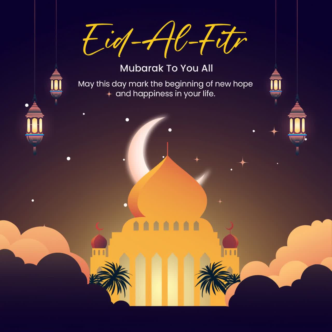 Animazione Eid Al Fitr con moschea, luna crescente e lanterne su sfondo viola e arancione.