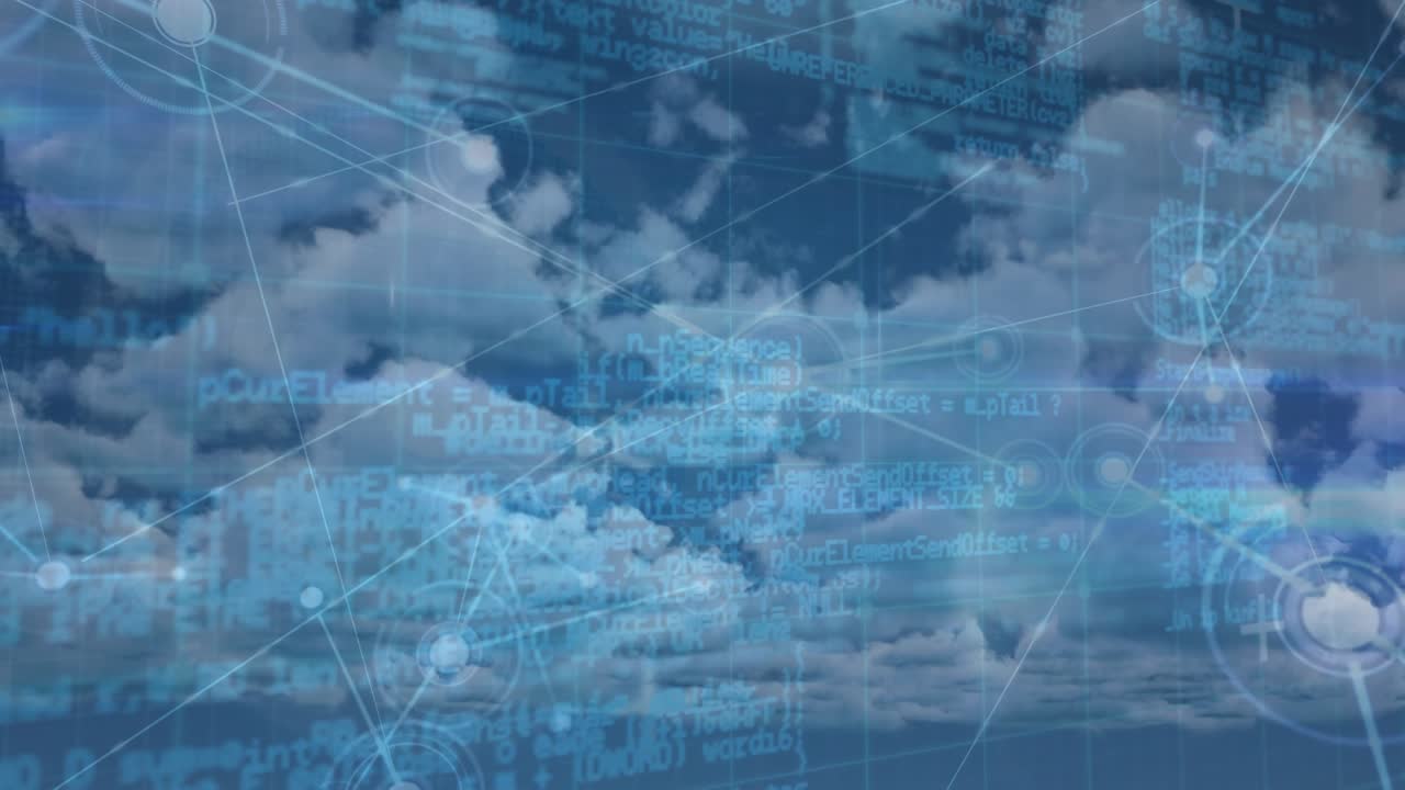 Animation of data processing over clouds and blue background