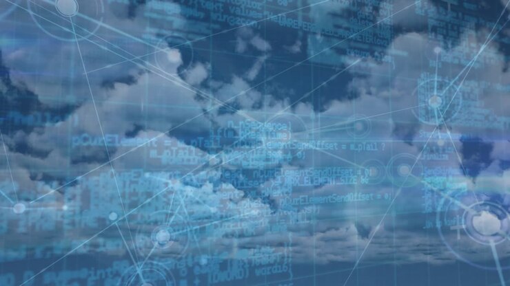 Animation of data processing over clouds and blue background
