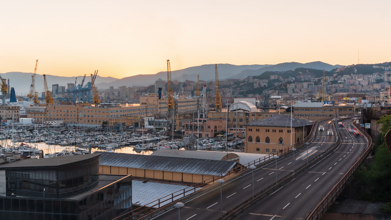 Hyperlapse Genoa, Italy, fast-moving traffic on highway with harbor cranes and boats during sunset, urban cityscape with mountains and port