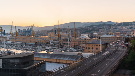 hyperlapse genoa, italy, fast-moving traffic on highway with harbor cranes and boats during sunset, urban cityscape with mountains and port