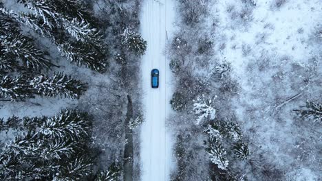 car driving through winter forest drone estonia