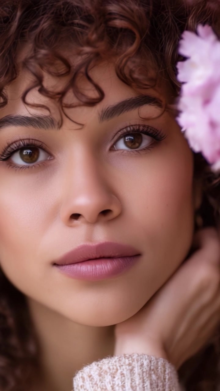 Primo piano accattivante del viso di una donna con folti capelli ricci e delicati accenti floreali che evidenziano la bellezza naturale e le espressioni affascinanti
