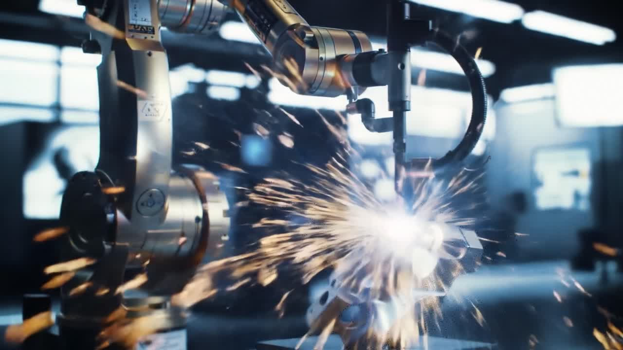 A Precision Robotic Arm Engaging in Metal Fabrication, Igniting Sparks While Processing a Component for Enhanced Manufacturing Efficiency