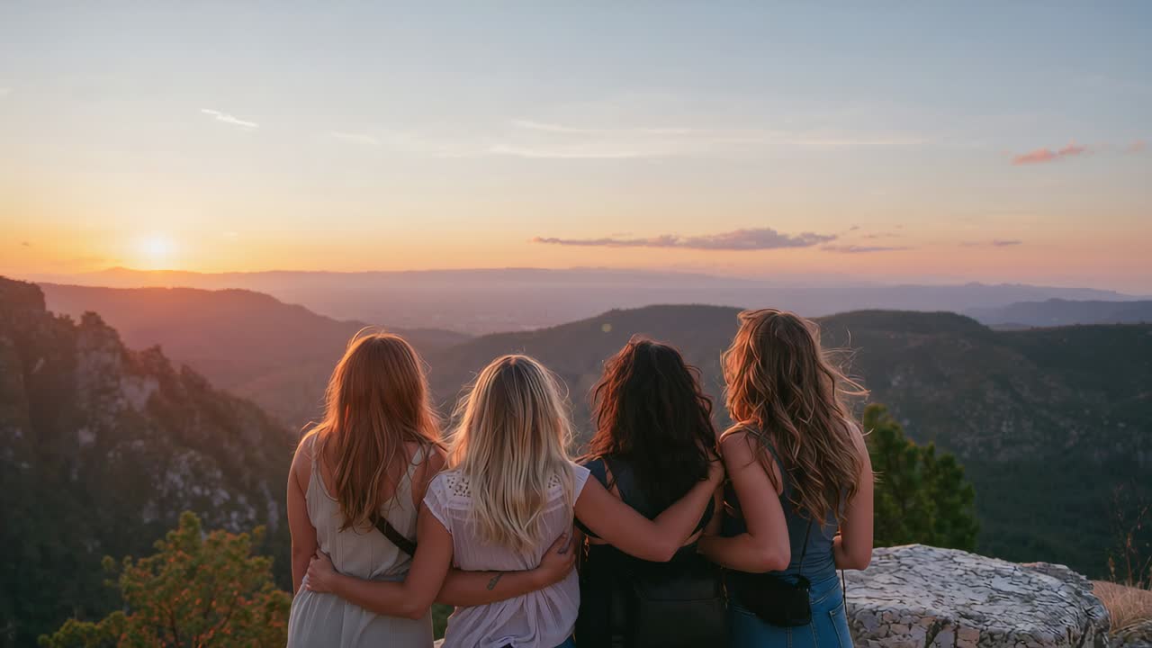 Watching sun descending, four women standing arm-in-arm on rock cliff sharing sunset with black bag