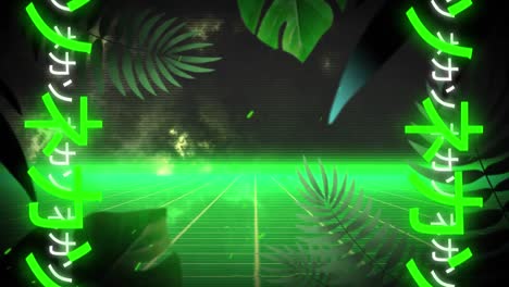 Animation-of-glowing-green-grid-moving-in-seamless-loop-