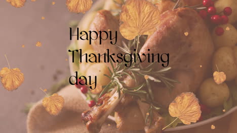 Animation of happy thanksgiving day text over turkey dinner and autumn leaves background