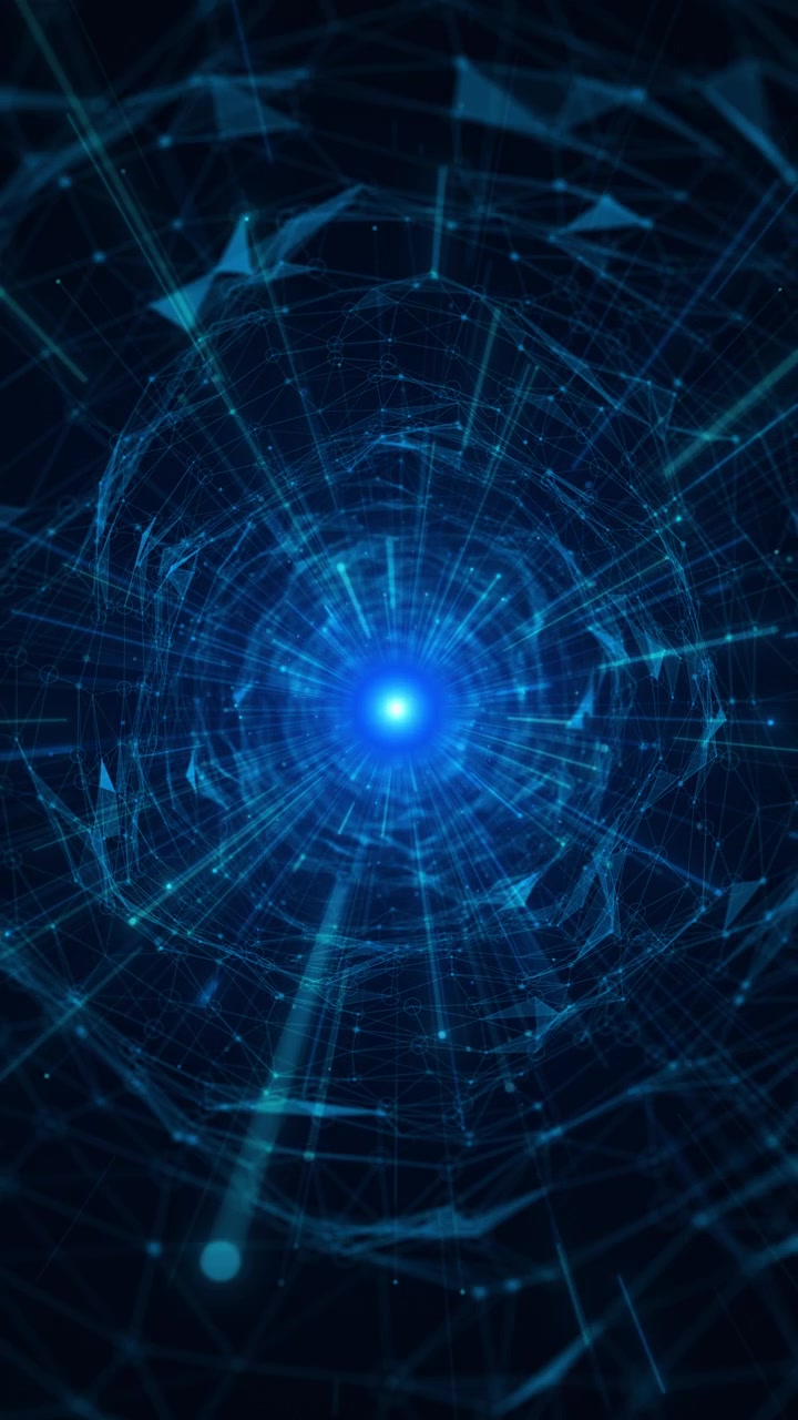 Blue network vortex energy background with glowing central burst connected nodes mesh lines and deep