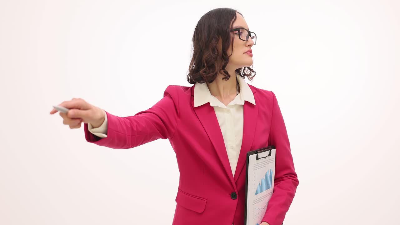 Donna d'affari in blazer rosa che presenta dati con penna e blocco appunti