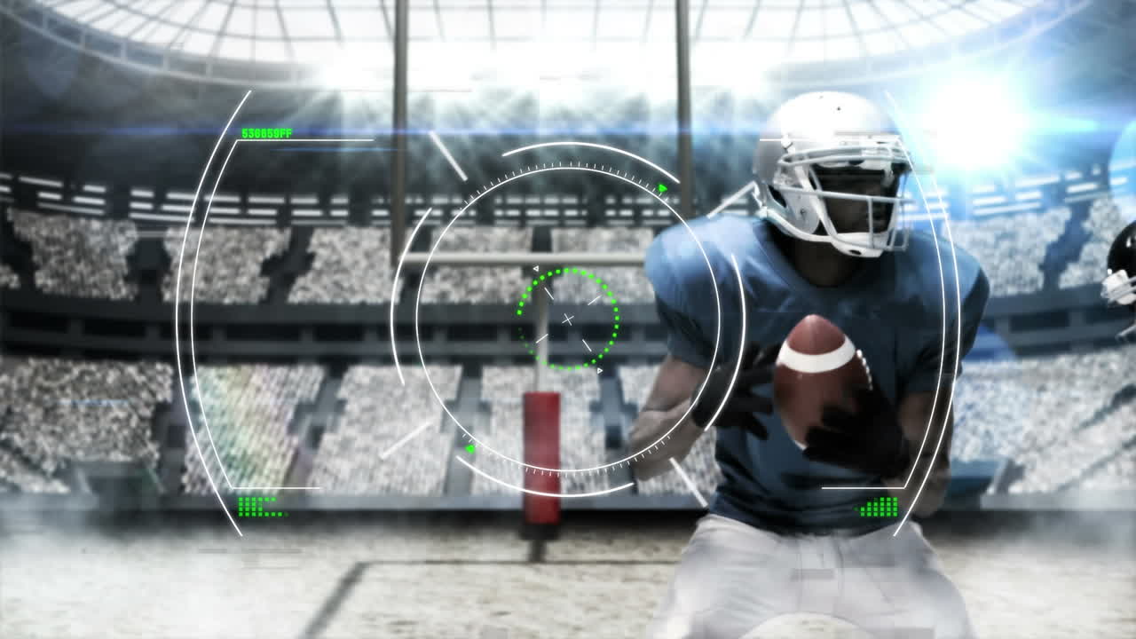 Animazione di un'interfaccia digitale con una serratura di sicurezza che ruota sopra giocatori di rugby