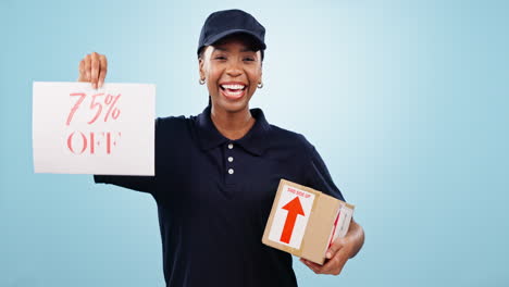 happy black woman, box and sale with discount