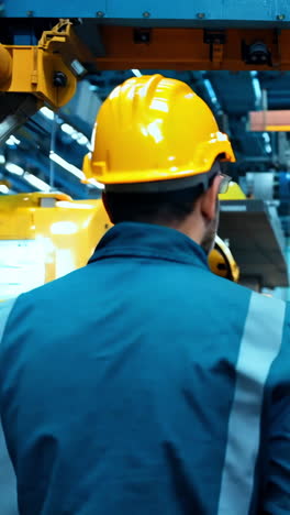 a man in a yellow helmet and safety glasses stands in front of a yellow pipe. he is wearing a blue jacket and a blue shirt