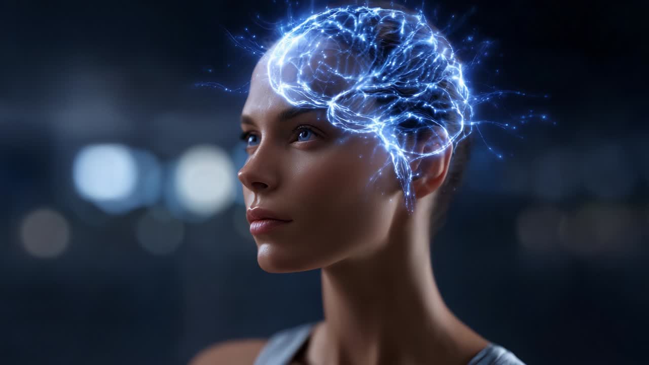 Exploring the Intersection of Human Intelligence and Technology: A Visualization of a Young Woman with Electrifying Neural Activity Represented Above Her Head, Signifying Brainpower and Innovation