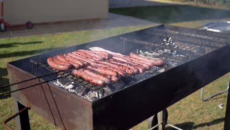 salchichas a la parrilla en una parrilla de carbón