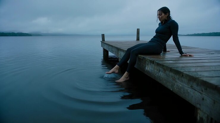 Sitting woman outfit looking down, dipping feet into lake at dock, making ripples, copy space