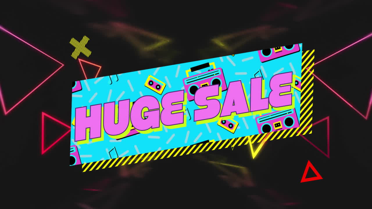 Colorful retro graphics animating huge sale text on vibrant geometric background