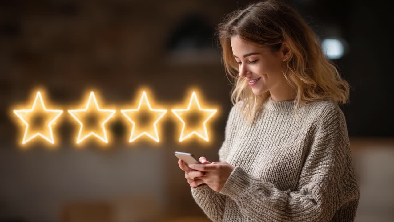 A Young Woman Enjoys a Positive Experience While Interacting with Her Mobile Phone, Surrounded by Glowing Five-Star Ratings Symbolizing Satisfaction and Approval