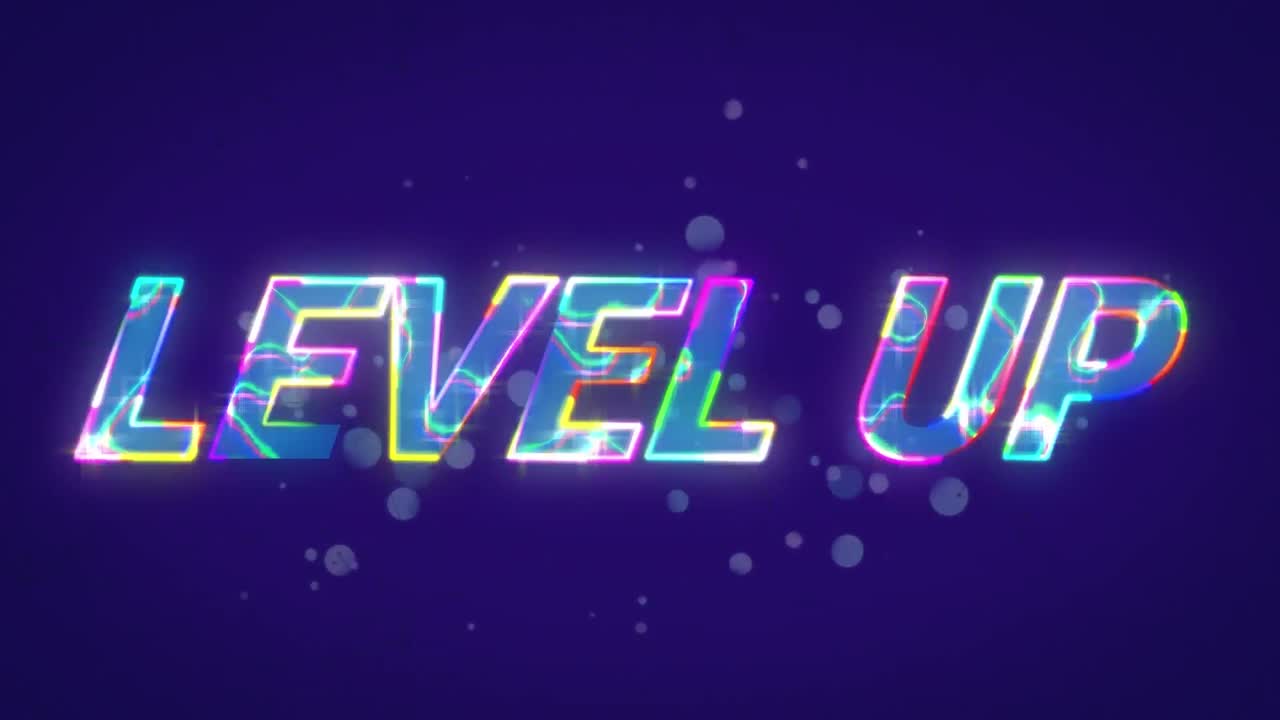 파란색 배경에 연결 네트워크를 통해 레벨 업 텍스트의 애니메이션