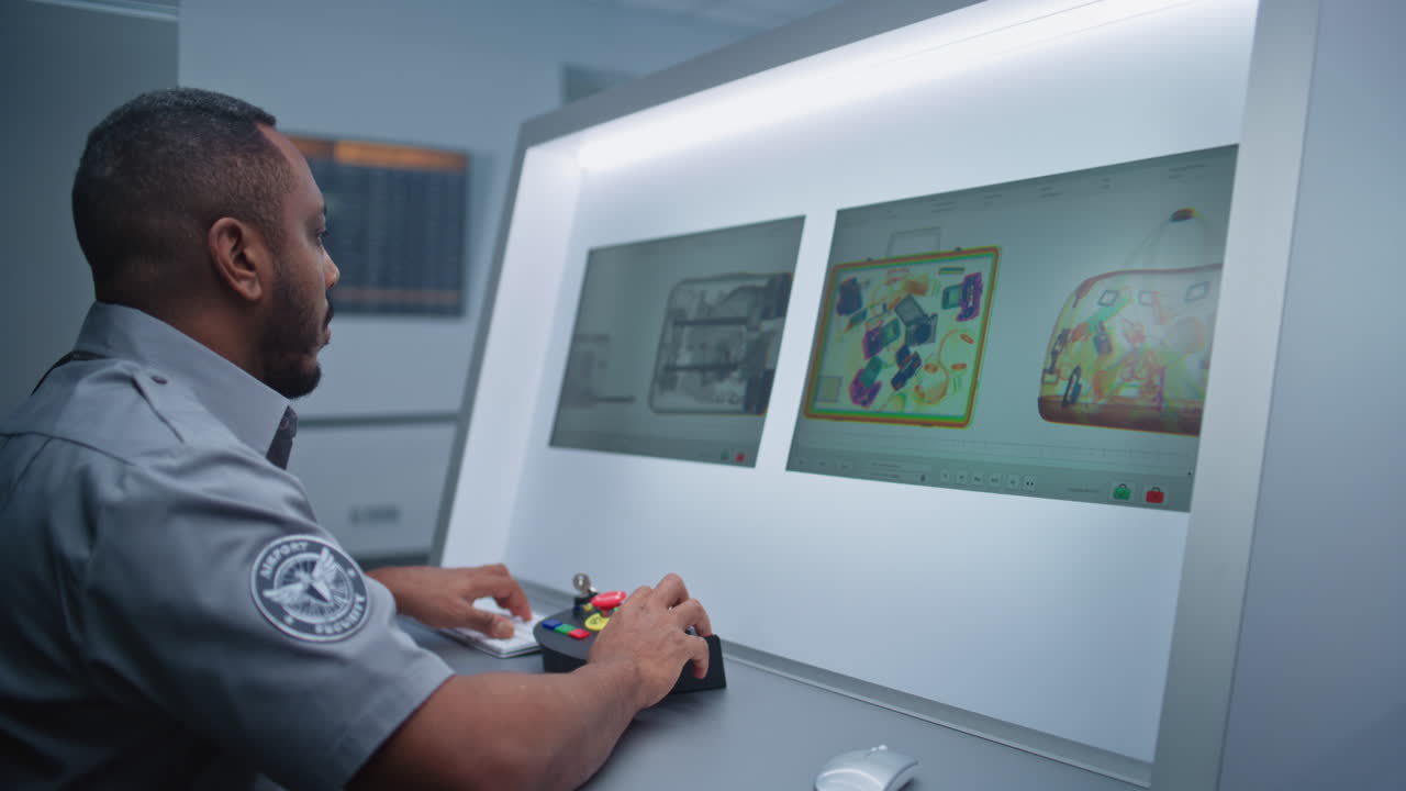 oficial de seguridad del aeropuerto inspeccionando el equipaje.