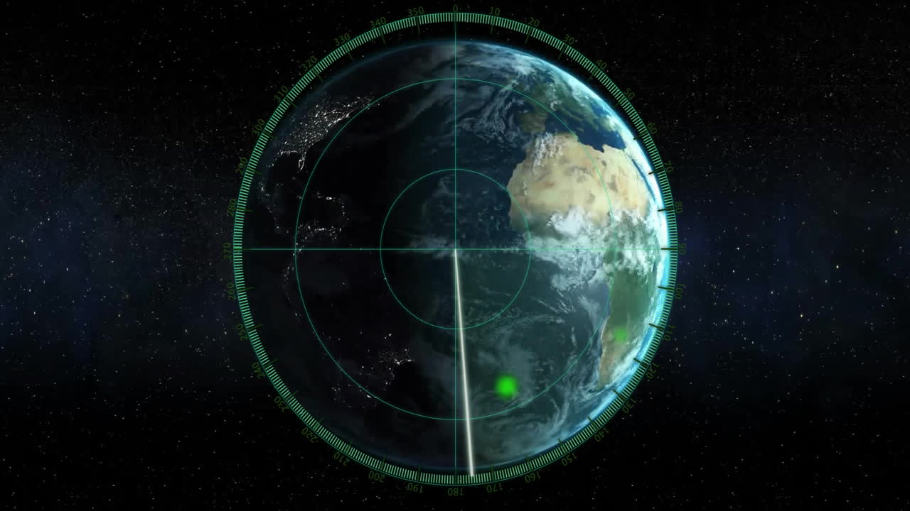 Animation of scope scanning and financial data processing over globe on dark background