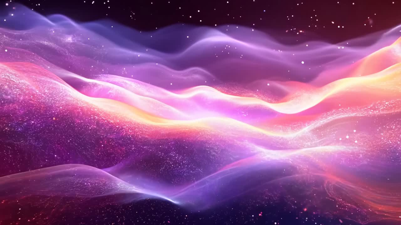 A colorful, swirling galaxy with purple and orange waves. The colors are vibrant and the waves are dynamic, giving the impression of movement and energy. Concept of wonder and awe at the vastness