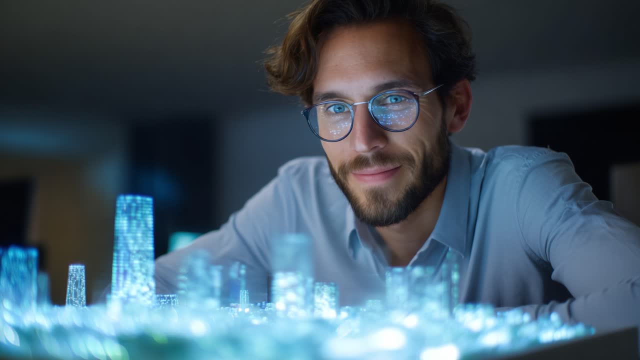 Un profesional reflexivo examina un modelo de ciudad en miniatura brillante, mostrando detalles intrincados y un diseño innovador, destacando la intersección de tecnología y creatividad.