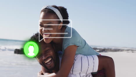 smiling couple enjoying beach with chat bubble and notification animation