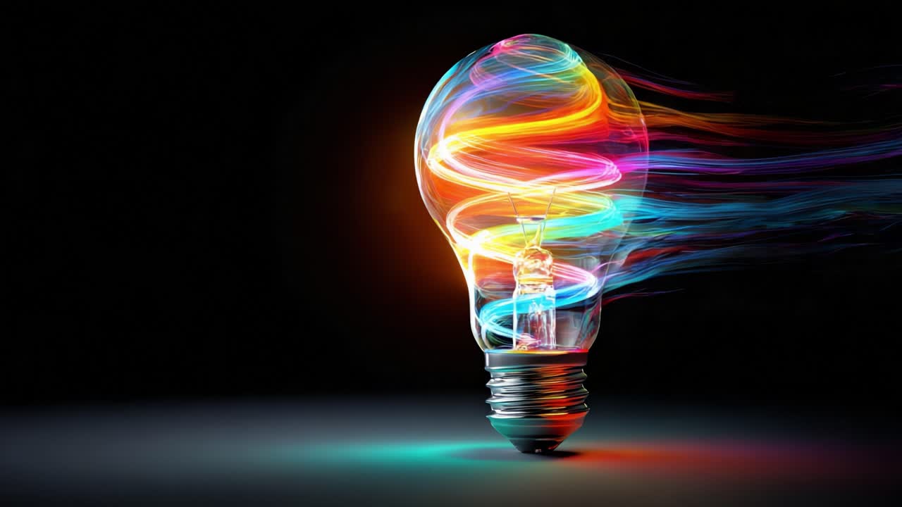Creative concept showing a vibrant rainbow colored swirl of light energy entering and illuminating a classic glass light bulb against a reflective dark background with copy space