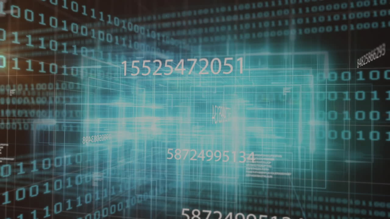 Animation of digital data and numbers floating in virtual grid environment