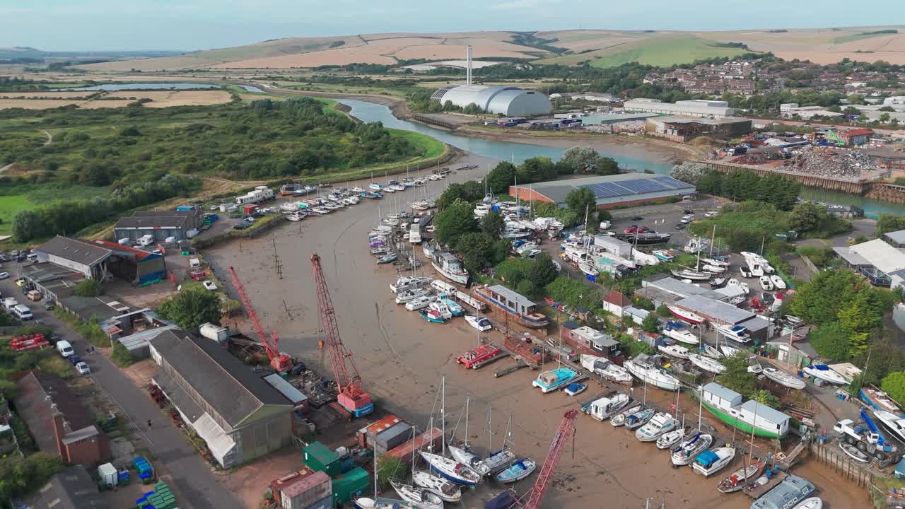 Aerial View of a Busy Boatyard and Harbor