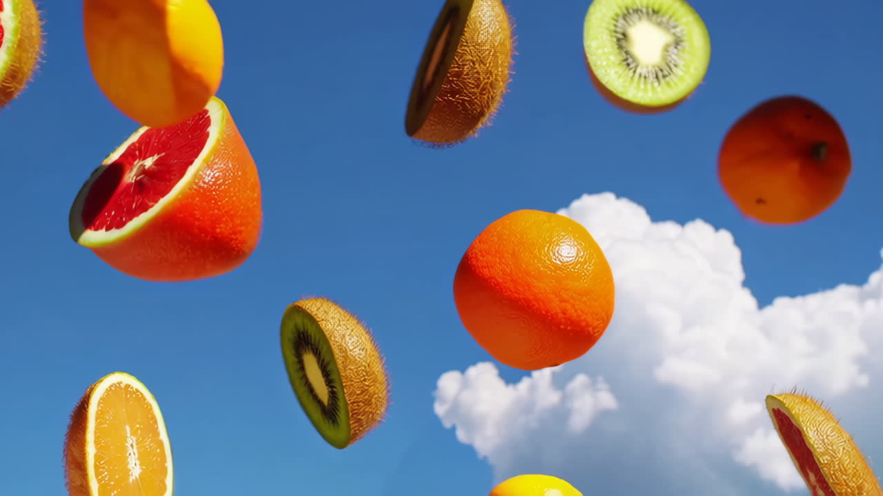 Vibrant Fruits Floating in Blue Sky