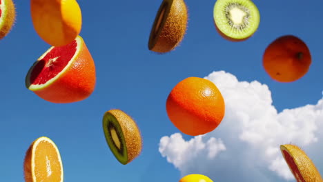 vibrant fruits floating in blue sky