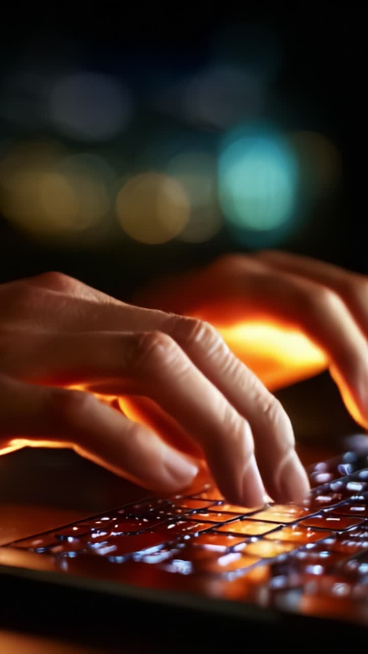 Primo piano di mani che digitano su una tastiera retroilluminata con luci vivaci sullo sfondo, che cattura l'essenza dell'interazione digitale e dell'uso della tecnologia