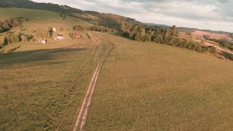 Luft-FPV-Renndrohne,-Die-Zwischen-Den-Bäumen-Den-Hügel-Hinunterfliegt-Und-über-Einer-Unbefestigten-Straße-In-Einer-Wunderschön-Sonnenbeschienenen-Landschaft-Mit-Bäumen,-Die-Lange-Schatten-Werfen