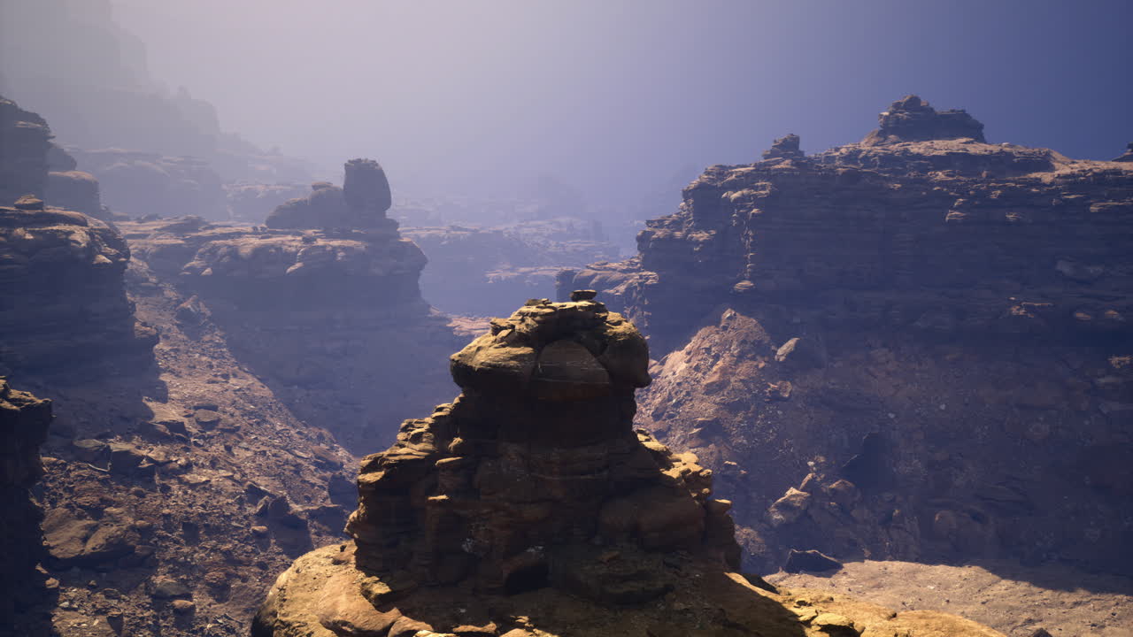 Rocky terrain features a mysterious landscape under soft light
