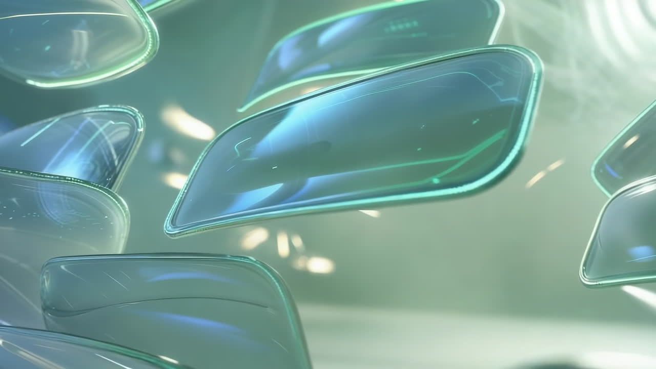 Abstract Futuristic Translucent Shapes with Glowing Digital Lines