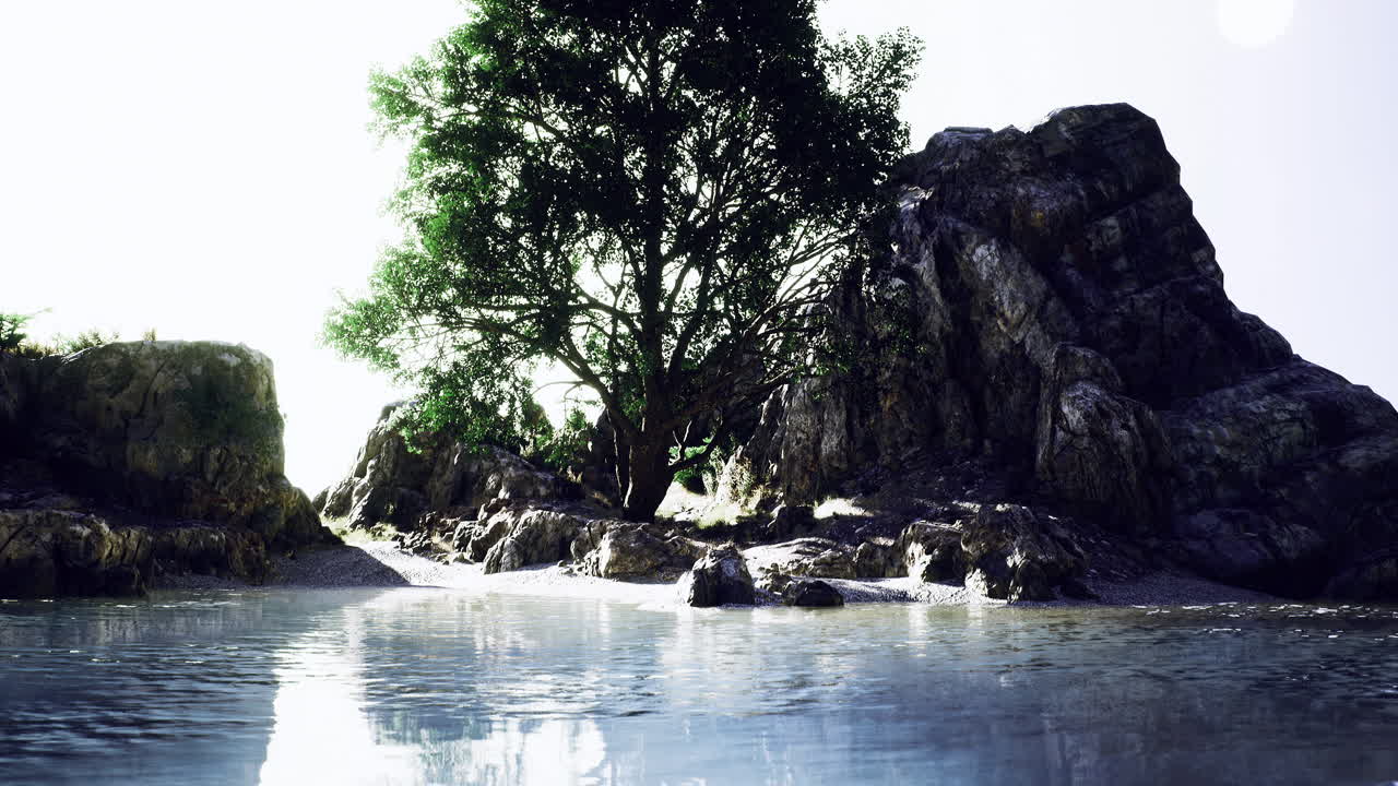 Embracing tranquility by a serene lake surrounded by majestic rocks