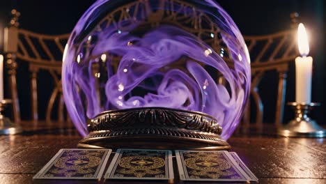 swirling purple smoke enveloping crystal ball on ornate stand, surrounded by tarot cards and illuminated by candlelight, creating mystical divination atmosphere