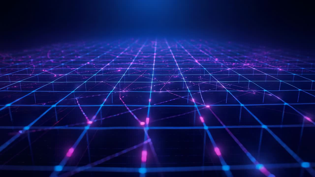 Pulsing purple nodes flickering on neon-blue grid lines at timeline start, visualizing data flow